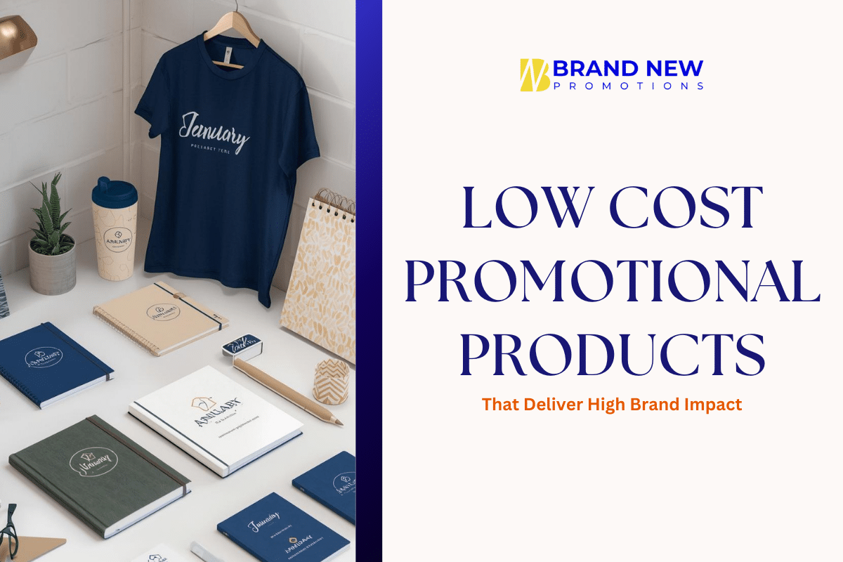 Low Cost Promotional Products including branded tote bags, mugs, and pens displayed for budget-friendly marketing campaigns
