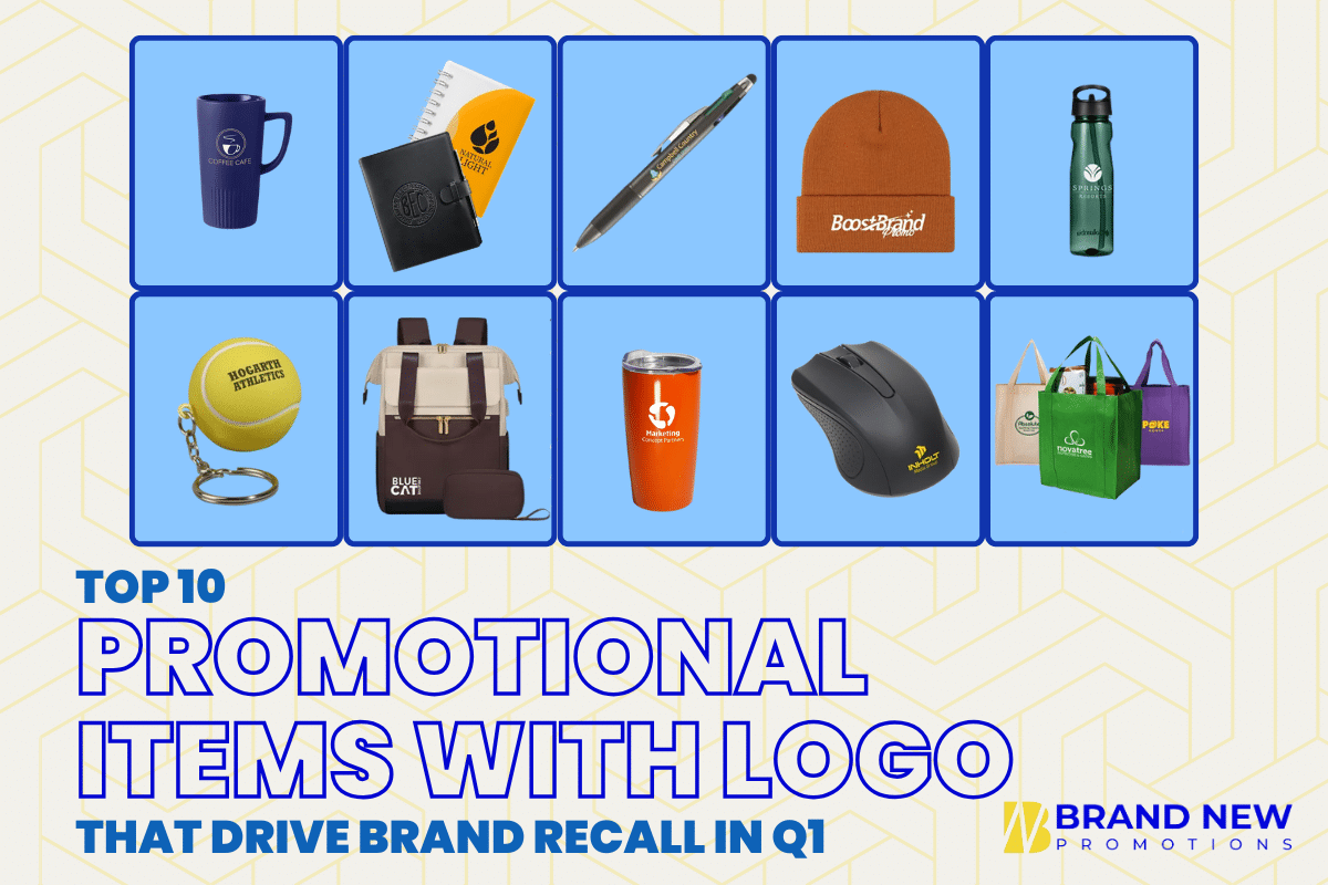 Promotional items with logo displayed as branded mugs, notebooks, apparel, and tech accessories used for business marketing