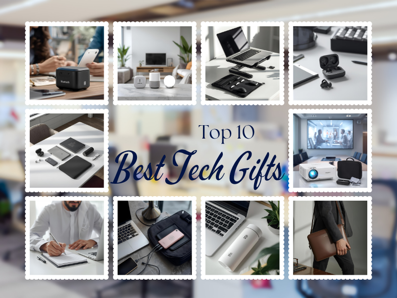Collection of the top 10 best tech gifts for corporate giveaways including earbuds, power banks, and smart notebooks.