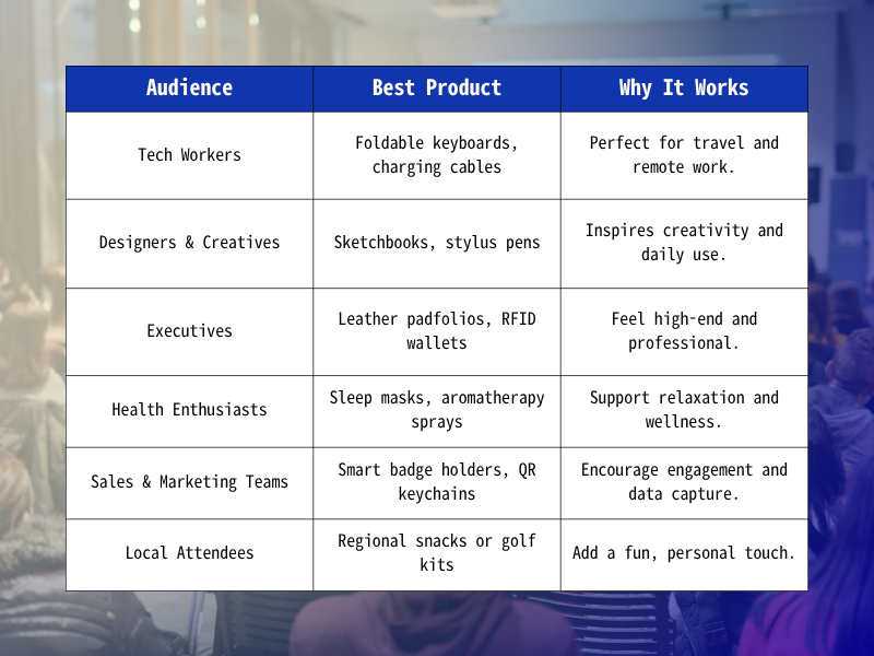 Chart showing attendee preferences for different promotional products for conference events, including wellness kits, tech gear, apparel, and eco items.