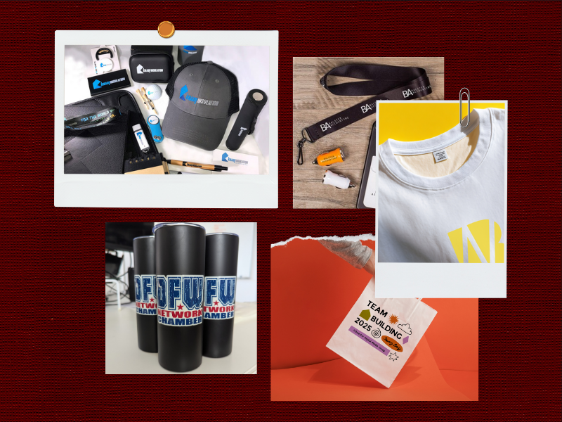 Business giveaway items including drinkware, apparel, tech accessories, and eco-friendly swag