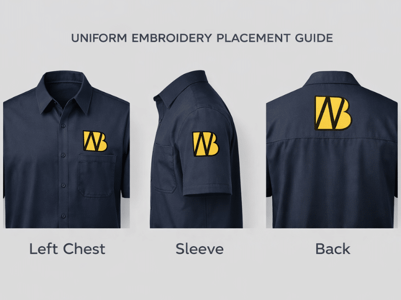 Uniform embroidery placement guide showing left chest, sleeve, and back logo positions.