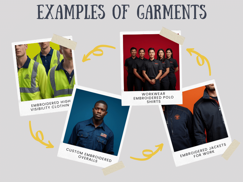 Branded workwear examples including embroidered polos, jackets, and safety uniforms.