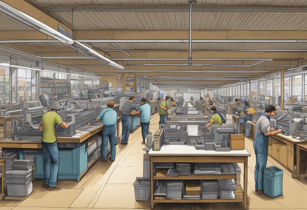A bustling print shop in Texas, with large printers, shelves of paper, and workers busy at their stations