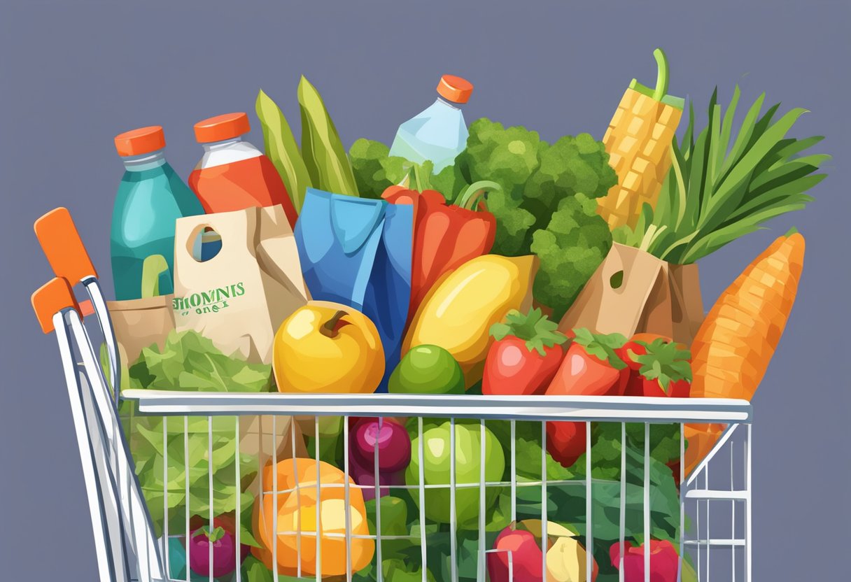 A colorful array of reusable grocery bags spilling out of a shopping cart, with fresh produce and pantry items peeking out from the top