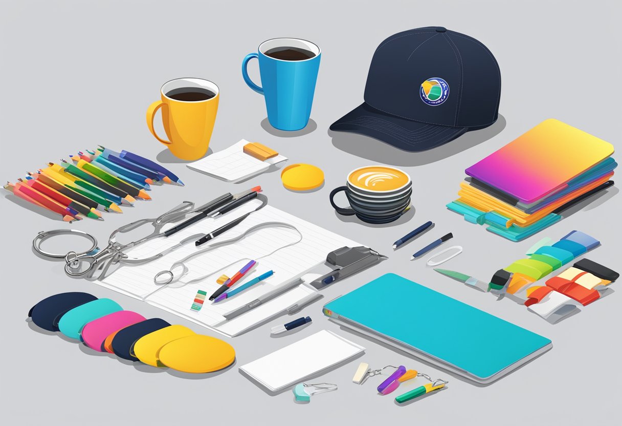 A table with various customizable giveaways: keychains, mugs, t-shirts, and pens. Bright colors and logos displayed