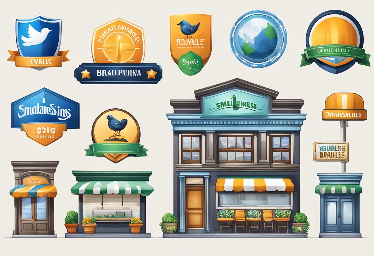 A small business logo prominently displayed on various social media platforms, billboards, and promotional merchandise