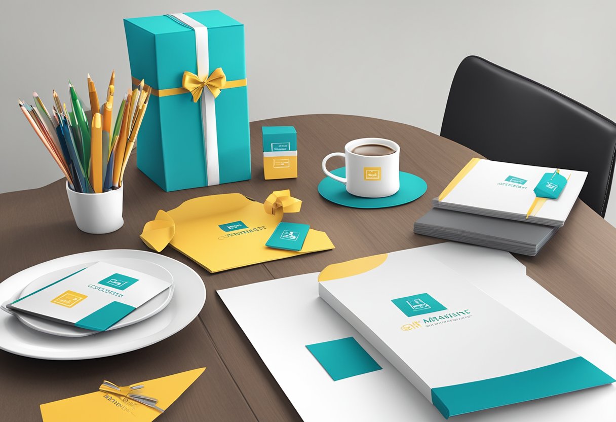 A table with branded merchandise and gift boxes set up for client marketing