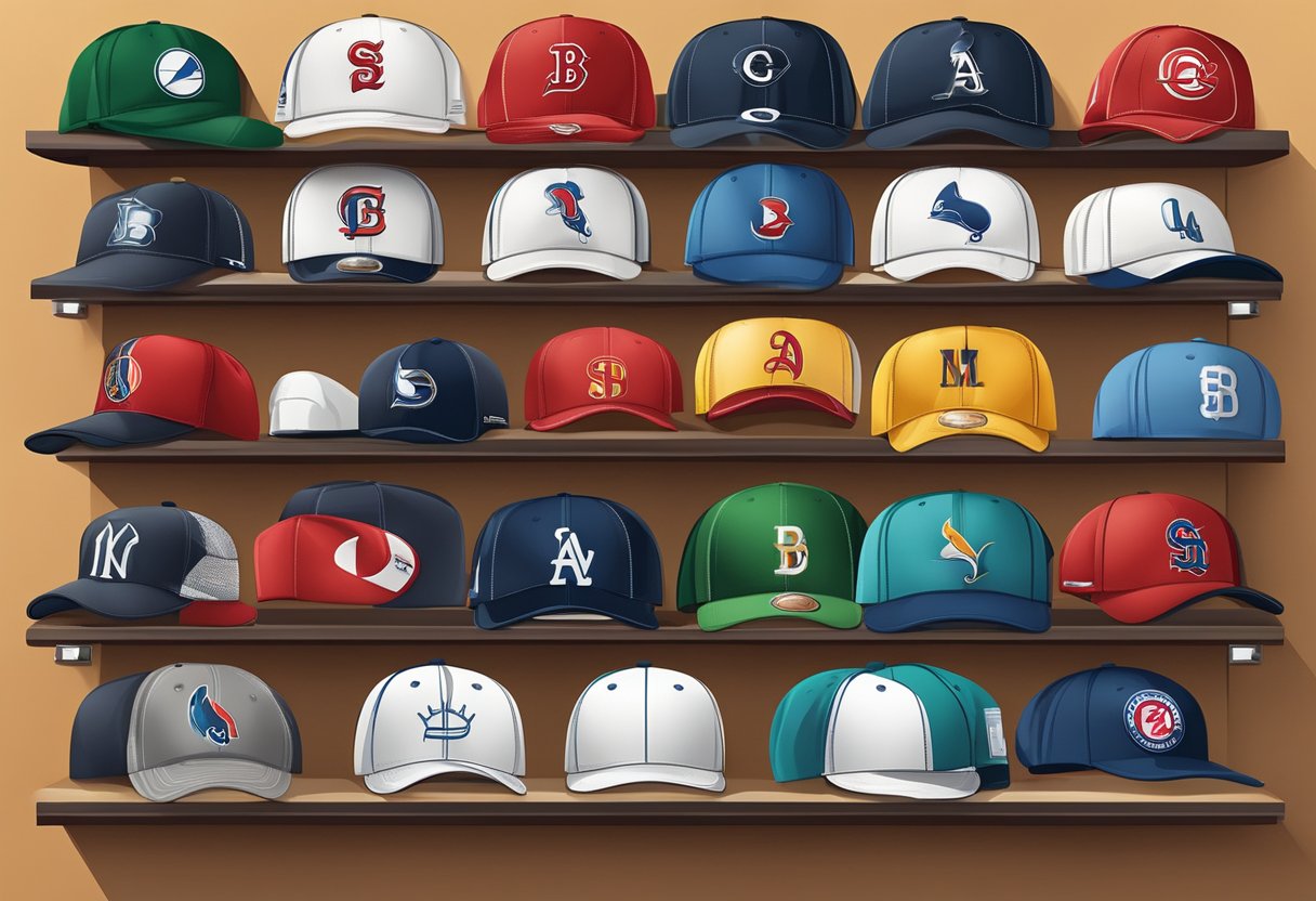Baseball hats with logos arranged in a neat row on a shelf