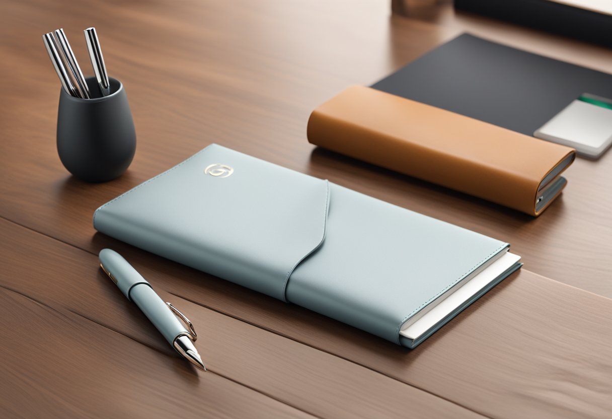 A sleek silver pen and leather notebook sit on a polished wooden desk, adorned with a minimalist logo. A branded gift bag rests nearby