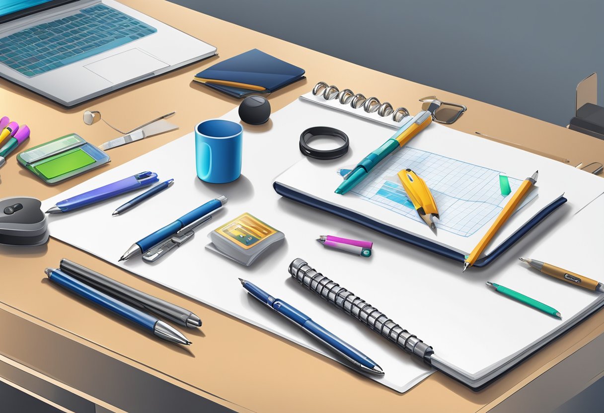 A table with various small items like pens, keychains, and notepads. A banner with a company logo hangs in the background