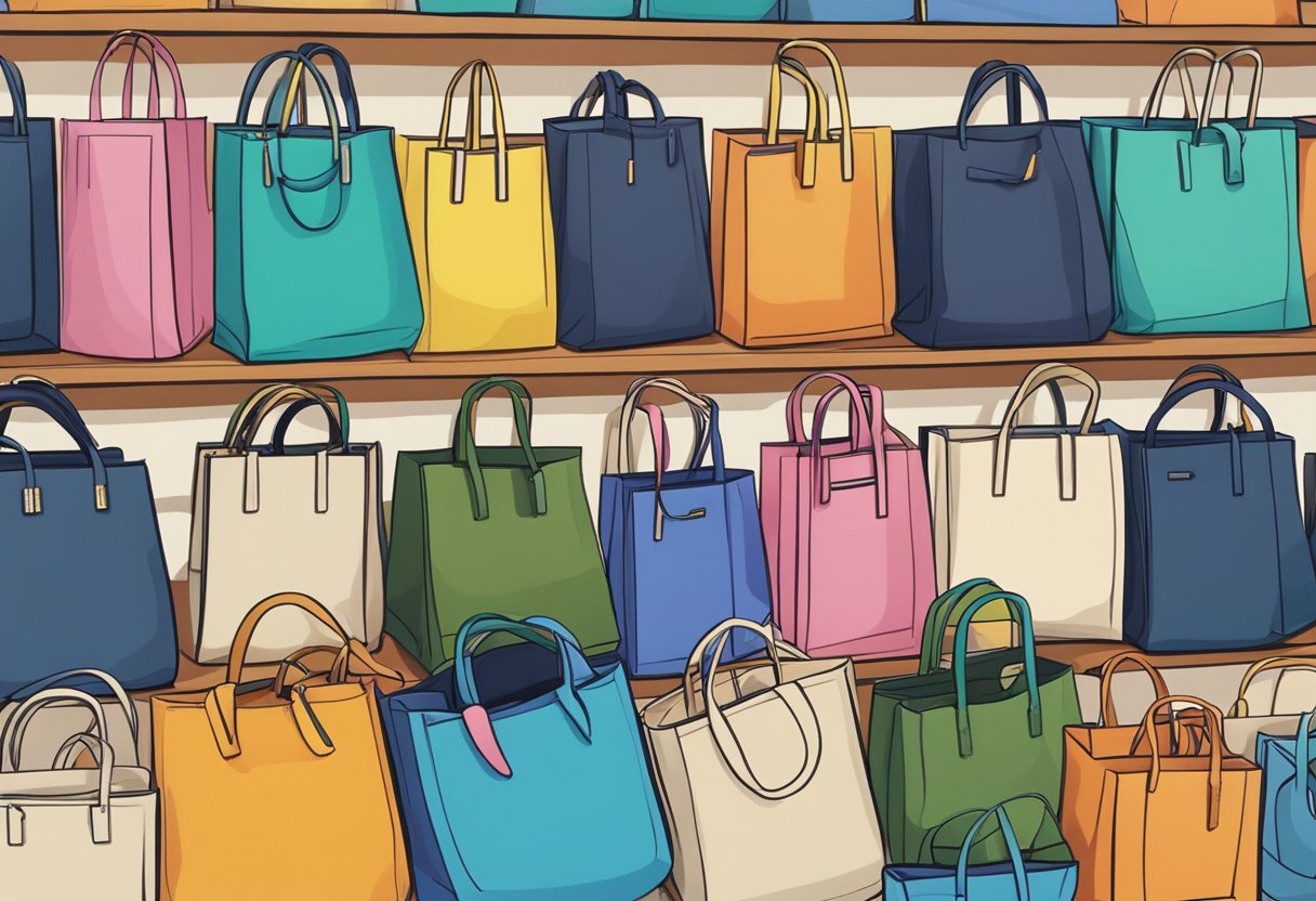 A colorful array of tote bags displayed on a table at a local print shop