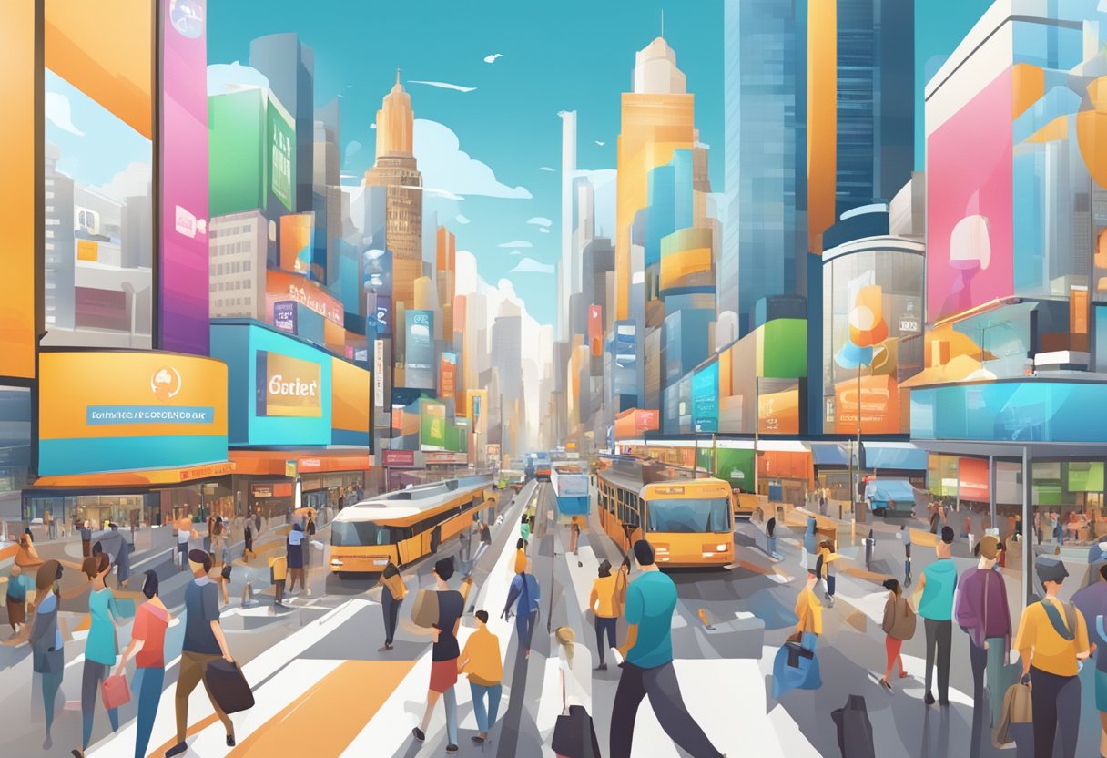 A bustling city with billboards, social media logos, and people engaging with products and services